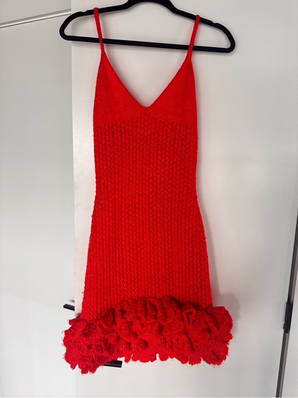 Hanifa Red Knit Spaghetti-Strap Dress with Ruffle Hem